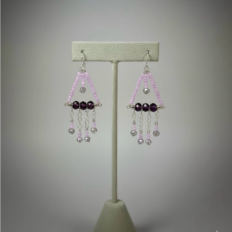 Beaded Dangle Earrings In Purple And Silver